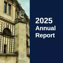 Annual report cover for 2025 featuring the sandstone shelodonian building and gargoyle